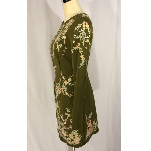 NEW Kimchi Blue Sakura Olive Green Floral Embroidered Long Sleeve Mini Dress - S - Picture 5 of 8